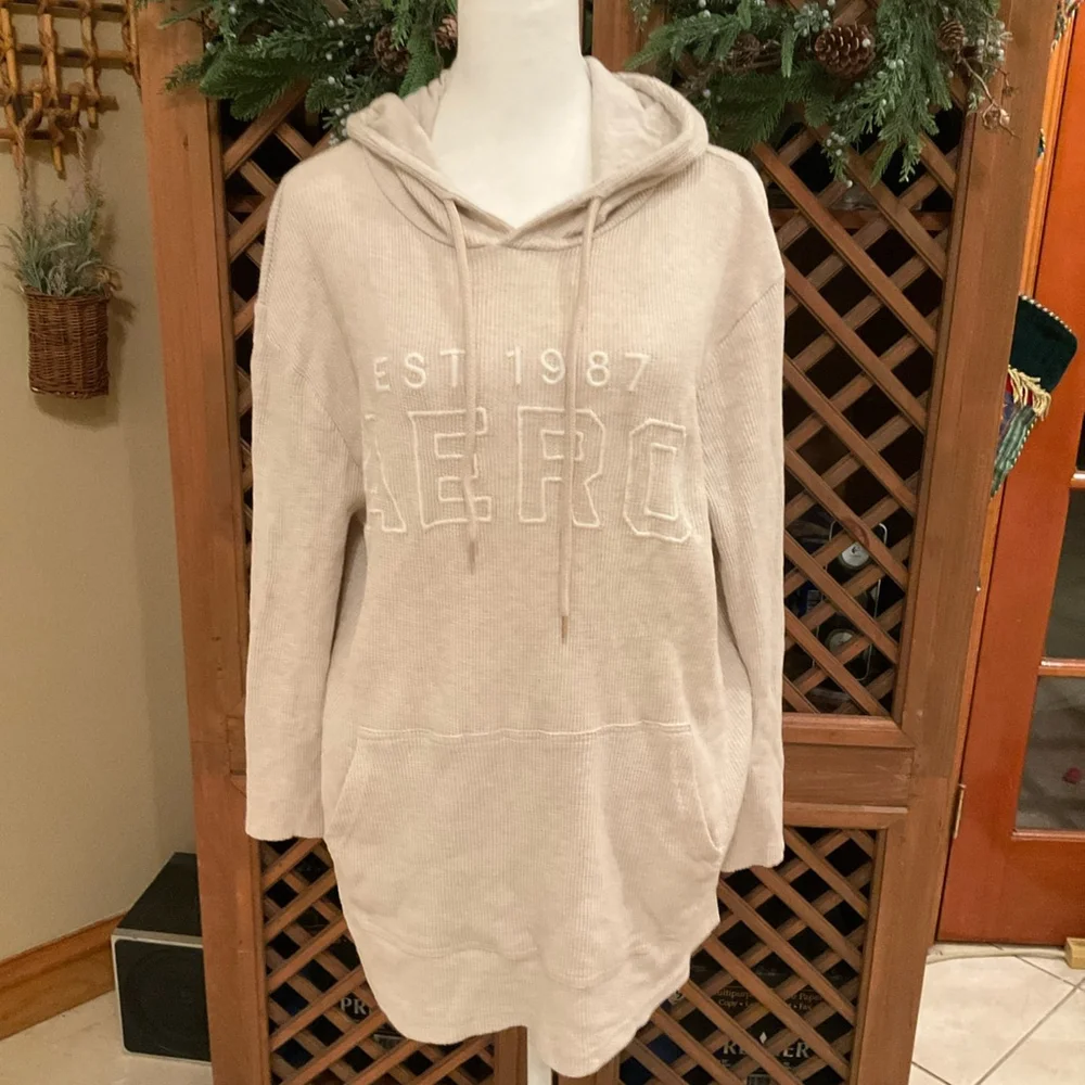 Aeropostale Beige Waffle Knit Thermal Hoodie Large Tunic